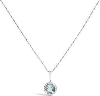 House of Brilliance 10K White Gold Blue Aquamarine and 1/10 Cttw Diamond Accent Halo Pendant Necklace