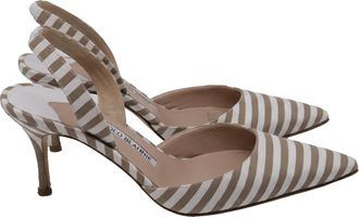 Manolo Blahnik Carolyne Pointy Toe Slingback Pumps in Beige Canvas