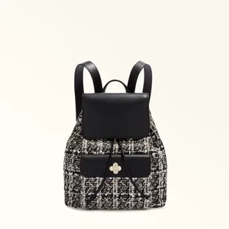 Furla Danae Backpack S Toni Ballerina Black Check Boucle Padded Fabric + Sidney Calf Leather Woman