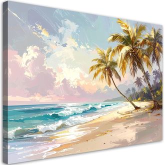 Feeby Impresi&oacute;n De Imagen, Paisaje De Playa Con Palmeras Y Mar Imitaci&oacute;n Oro, 100x70
