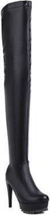Generic Womens Stiletto High Heel Thigh High Boots Round Toe Over The Knee Boots PU Leather Platform Shoes with Side Zipper,Black,6.5 UK
