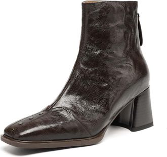 TinaCus Womens Genuine Leather Ankle Boots Handmade Square Toe Back Zipper Block Heel Short Booties, Brown, 4.5 UK