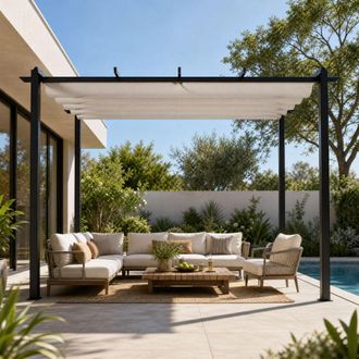 Living and Home 13x10ft Aluminium Pergola with Retractable Roof in Beige