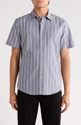 Nordstrom Cotton Poplin Short Sleeve Button-Up Shirt in Navy Band Stripe at Nordstrom Rack, Size Xx-Large