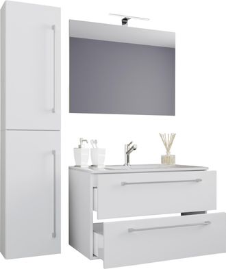 ebuy24 Ebuy24 - Vcm 5pcs Lavabo Lavabo Gabinete Inferior Ancho 60 Cm Muebles De Ba&ntilde;o Conjunto Con Cajones Espejo De Puertas Giratorias Badinos (blanco)