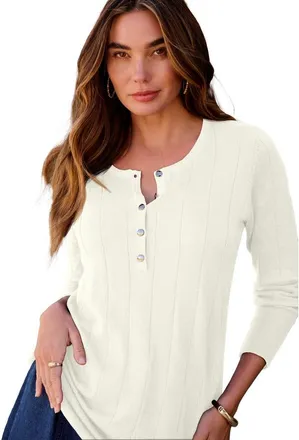 Roaman's Plus Size Drop Needle Henley Lightweight Sweater Knit in Ivory at Nordstrom, Size Medium