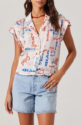 ASTR the Label Callen Print Camp Shirt in White Multi Script at Nordstrom Rack, Size X-Small