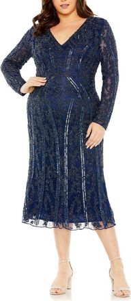 Mac Duggal V-Neck Sheer Embellished Mesh Gown in Midnight at Nordstrom, Size 16W