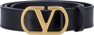 Valentino Garavani Gouden VLogo Signature Leren Riem - Heren - Riemen - Zwart - 90 CM - Leer - Accessoires