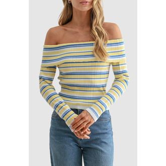 All in Favor Off the Shoulder Striped Ribbed Top in Blue Yellow at Nordstrom, Size Xx-Small