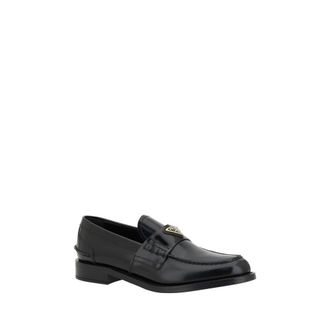 Prada Womens Black Leather Logo Loafers