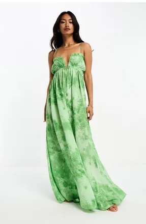 Asos Plunge Neck Maxi Dress in Green at Nordstrom, Size 14 Us