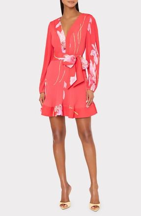 Milly Liv Floral Long Sleeve Pleated Minidress in Red Multi at Nordstrom, Size 12