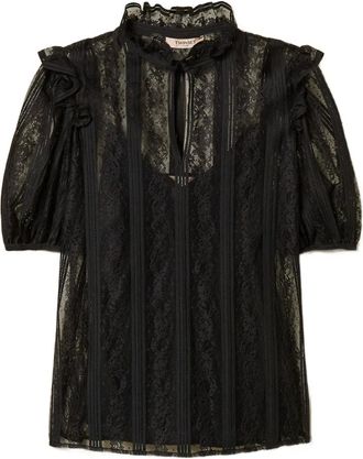 Twin-Set Gestreepte blouse met kant - Zwart