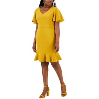 Kasper Womens Knit Flutter Sleeves Sheath Dress In Yellow