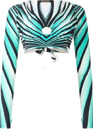 Roberto Cavalli ruched long-sleeve crop top - women - Polybutylene Terephthalate (PBT)/Elastane - S - Blue