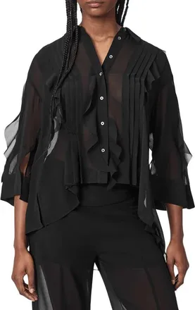 AllSaints Minna Pleated Ruffle Shirt in Black at Nordstrom, Size 10