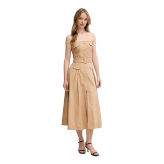 Gaud&igrave; Kleedjes, Dames, Beige, M, Katoen, Midi jurk met rits en ceintuur