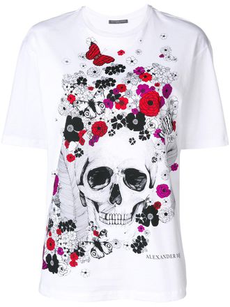 Alexander McQueen T-shirt con fiori e teschio - Bianco