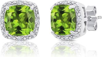 MAX + STONE Sterling Silver 7mm Cushion Cut Gemstone Stud Earrings with Diamond Accent Halo