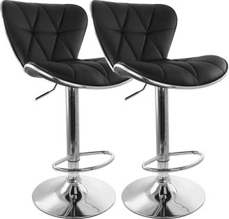 Elama 2 Piece Diamond Tufted Faux Leather Adjustable Bar Stool in Black with Chrome Trim and Base