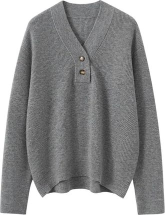 Generic Womens Button-Down V-Neck Striped Cashmere Sweater with Irregular Hem Light Gray M