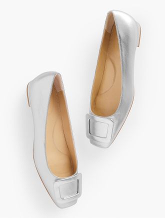 Talbots Sutton Buckle Leather Flats - Metallic - Silver - 6 1/2 M Talbots