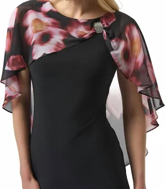 Joseph Ribkoff Chiffon Cape Overlay Dress In Black/multi