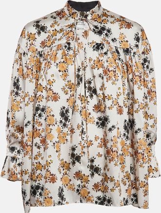 Victoria Beckham Off-White Floral Print Satin Ruffled Top