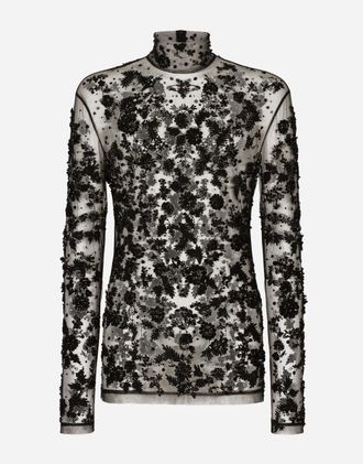Dolce & Gabbana High-necked Tulle T-shirt With Sequined Details - Man T-shirts And Polos Black Tulle 48