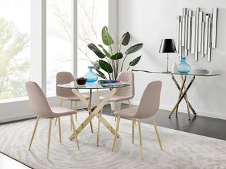 Furniturebox Novara 100cm Round Tempered Glass Dining Table with Gold Legs & 4 Corona Faux Leather Chairs in Beige