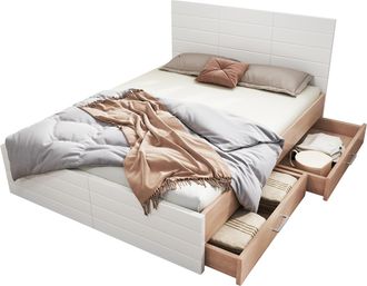 STILVORA Cama Con Cajones 207 X 145 Cm De Madera Maciza Y Mdf, Cama Doble Con 2 Cajones, Cabecero Y Pie De Cama, Colch&oacute;n Incluido, Blanco Y Roble