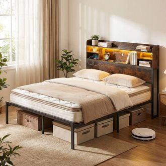 Costway Costway King Size Bed Frame w/LED Lights&Charging Station Metal Platform Bed in Brown