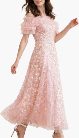 Needle & Thread Ribbon Heart Off-shoulder Ankle Gown in Peony Pink/multi at Nordstrom, Size 10