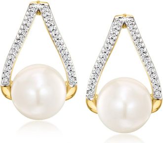 Ross-Simons 8-8.5mm Cultured Pearl and. Diamond Drop Earrings in 18kt Gold Over Sterling