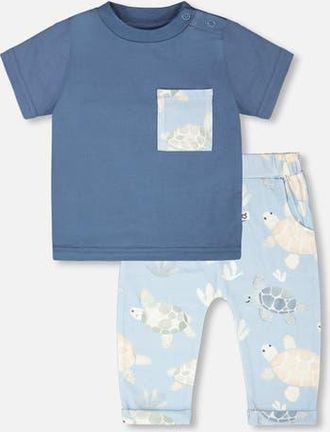 Deux par Deux Organic Cotton Turtle Print Jersey T-Shirt and Pants Set in Medium Blue & Blue Turtle at Nordstrom, Size 18M
