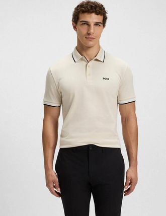 HUGO BOSS Mens BOSS Green Paddy Mens Cotton-Piqu&eacute; Polo Shirt with Contrast Logo - Open White 133 - Tan - Size: 42