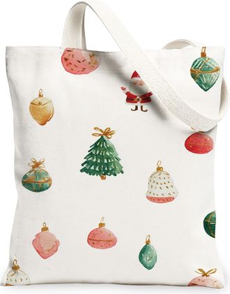 Generic Christmas Ornament Canvas Tote Bags, Holiday Decoration Pattern Reusable Grocery Bags, Winter Vintage Lightweight Washable, White, 13x15 Inch