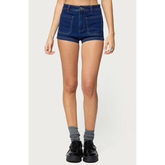Edikted Saren High Waist Denim Micro Shorts in Dark-Blue at Nordstrom, Size X-Large