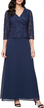 Alex Evenings Sequin Lace & Chiffon Cocktail Dress in Navy at Nordstrom, Size 12