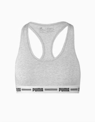 Puma Womens Striped Logo Racerback Bra Top, Grey Melange - Size: XS
