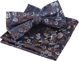 Alizeal Mens Floral Pattern Pre-tied Bow Tie, Pocket Square and Cufflinks Set, Navy+Brick Red