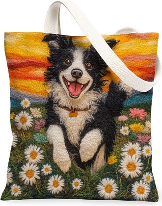 Generic Spring Bernese Mountain Dog Canvas Tote Bag for Shopping 13x15, Knitting Style Garden Puppy Reusable Grocery Print Bag for Women, Fun Pet Beach Aesthe