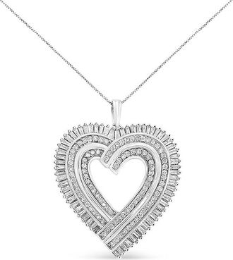 House of Brilliance 925 Sterling Silver 1 1/4 Cttw Round and Baguette-Cut Diamond Composite Heart 18 Pendant Necklace