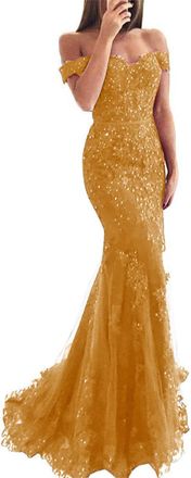 Generic Tulle Prom Dresses Long Beaded Sexy Mermaid Gowns Off The Shoulder Lace Appliques Formal Evening Gown Gold XL