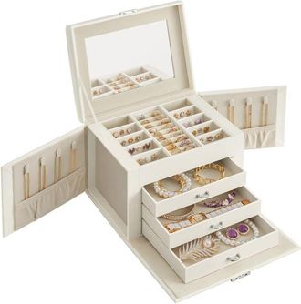 OEM Joyero De 4 Niveles, Regalo De Navidad, Estuche Para Accesorios, Cofre, Con Asas, 3 Cajones, Espejo, Cerradura, Superficie Blanca Nube, Forro Blanco C