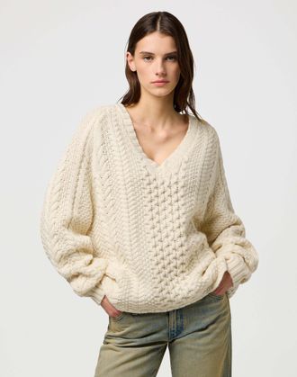 Wrangler Strickpullover WRANGLER WRANGLER Pullover V Neck Cable Knit, Damen, Gr. XS, beige, Obermaterial: 50% Wolle WO. 50% Polyacryl PAN., Pullover Strickpull