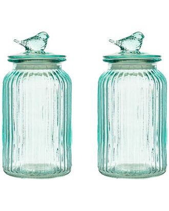 10 Strawberry Street Set of 2 Textured Glass Bird Canisters, Ribbed Round
