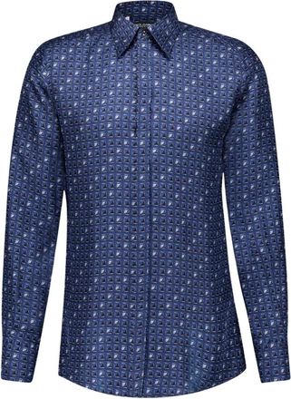 Dolce & Gabbana Blauwe Zijden Stropdas-Print Shirt - Heren - Casual Overhemden - Blauw - M - Overhemden