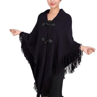 Generic Womens Scarfs Summer Autumn And Winter Cape Cape Fringe Horn Buckle Solid Color Irregular Double Fringe Cape Cape Warm And Thick Evening Shrugs for Wo